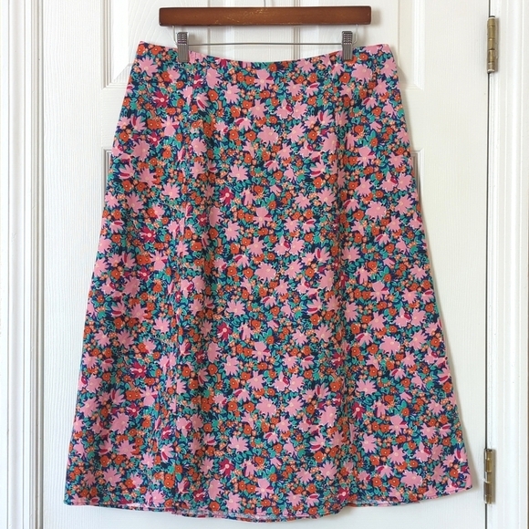 Loft Bright Daisy Linen Blend High Waisted Side Slit A-Line Midi Skirt Pink 12P - Picture 10 of 12